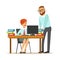 Woman Sitting At Her Desk Talking With Male Colleague, Part Of Office Workers Series Of Cartoon Characters In Official