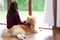 The woman sitting with her lovely brown Akita dog in the living room beside the windows. Outside the window is the garden. Reading