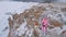 Woman is sitting in the hill. Traveler is walking in top mountain. Beautiful girl is dressed in stylish pink down jacket