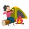 Woman sitting on log near campfire in the camping.