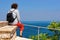 Woman sitting and looking at nature and Adriatic sea at Strunjan National Park in Slovenia