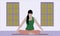The woman sitting in lotus pose on a yoga mate in a room with windows, doing pranayama breath exercise. Relaxation and