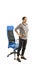 Woman sitting on the office chair and doing exercises