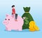 woman sitting piggy with money bag and coins