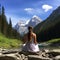 Woman sitting and practicing yoga in beautiful mountain nature, river and stream.This unique yoga practice experience that helps