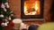 Woman sitting and relaxing by fireplace in a rocking chair holding a cup at christmas time