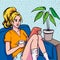 Woman sitting on sofa with a cup of coffe and tablet pc, illustration in pop art retro comic style