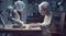 A woman sitting at a table with a robot next to her. Generative AI