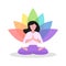Woman sitting in yoga pose with colorful lotus flower behind her