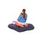 Woman sitting in yoga pose on pillow back view. Vipassana meditation, spiritual practice. Person relax in retreat