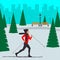 Woman skier in motion in a snowy city park among the fir trees. Cross country skiing woman. Young woman on skies in the city. Vect