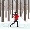 Woman skier in motion in a snowy winter forest among the trees. Vector illustration in flat style.