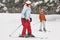 Woman skiing under the snow. Winter sport. Ski slope