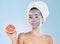 Woman, skincare and grapefruit face mask, organic beauty and wellness for healthy antiaging, fresh detox and natural