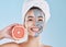 Woman, skincare and grapefruit face mask, organic beauty and wellness for healthy face, fresh facial and natural clean
