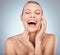 Woman, skincare and laughing face happy about wellness, beauty and health. Facial, healthy dermatology and cosmetics
