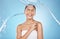 Woman skincare, laughing or water splash on blue background studio for shower healthcare wellness, Brazil hygiene