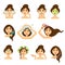 Woman skincare procedures and hair washing vector woman face icons