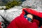 Woman in sleeping bag on the mountain