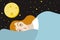 Woman sleeping problems, nightmare, insomnia symptoms. Flat illustration with full moon