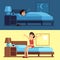 Woman sleeping waking up. Girl relaxing bedroom night, awake morning stretching sitting on mattress. Female good sleep