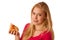 Woman with slice of delicious pizza, can\'t wait to bite in it.