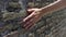 Woman slide hand against old red brick wall in slow motion. Female hand touch rough surface of stone