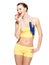Woman slim figure eating a red fresh apple