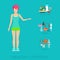 Woman slim healthy lifestyle vector flat: diet, fitness