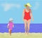 Woman and small child on beach