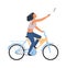 Woman with smartphone on bike. Cartoon riding girl making selfie on phone, simple character healthy leisure lifestyle