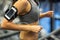 Woman with smartphone and earphones in gym