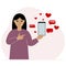 A woman with a smartphone in his hand. The concept of correspondence, communication, social networks. Lots of hearts.