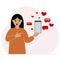 A woman with a smartphone in his hand. The concept of correspondence, communication, social networks. Lots of hearts.