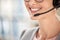 Woman, smile closeup and call center microphone of customer support employee in office. Telemarketing, call center