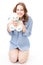 Woman smile and hold teddy bear