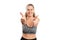 Woman smiling making double thumbs-up like gesture in sportswear