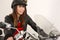 Woman Smiling Riding Motorcycle Helmet Handlebars