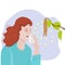 The woman is sneezing. Reaction to pollen, seasonal allergies, polynosis. Vector