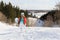 Woman snowboarder on the slopes frosty winter day