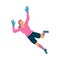 Woman soccer goalkeeper jump to save goal. Female soccer player goal keeper, isolated. Vector illustration.