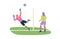 Woman soccer player kick the ball to score a goal, goalkeeper jump trying to save the ball. Flat vector illustration.