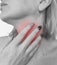 Woman sore throat bad swallowing discomfort uncomfortable symptom syndrome sickness