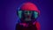 Woman in space helmet. Multi-colored neon lighting.