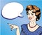 Woman with speech bubble pointing finger vector illustration in retro comic pop art style