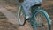 Woman is spinning pedals on vintage retro bicycle through meadow road in sunshine. Female legs are pedaling old fashioned bike in