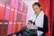 Woman in sports locker room