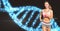 Woman in sportswear jogging against DNA structure