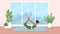 A woman in sportswear performs a yoga bow pose while lying on a mat in a room. The concept of a healthy lifestyle in a