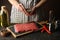 Woman sprinkle salt on minced meat on table with spices, close up